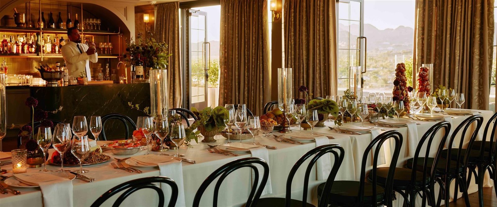 The private dining room at théa, set for dinner
